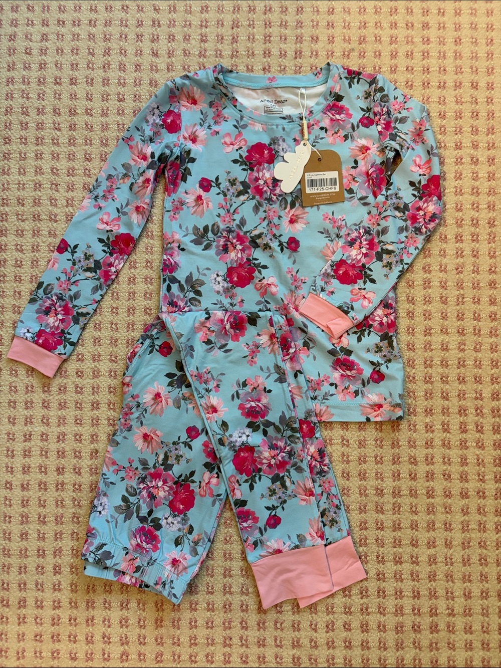 Angel Dear Blue Floral Pajama Set with Pink Trim
